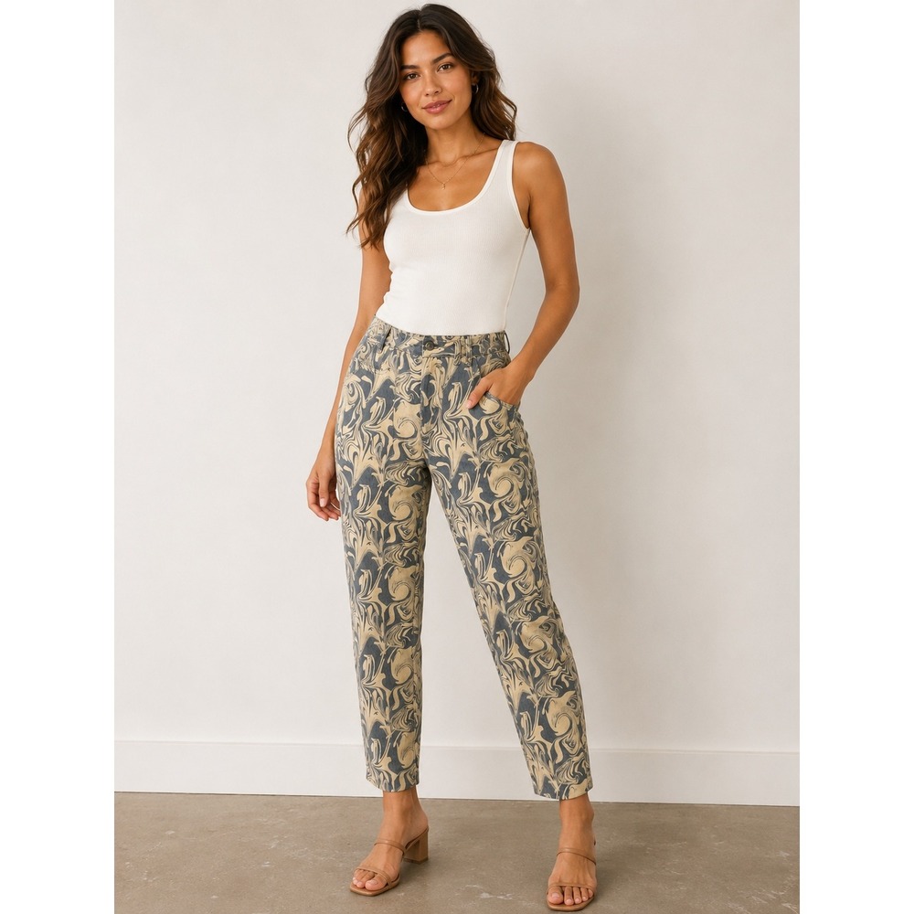 Adika Womens High Rise Straight Leg Blue Cream Marble Swirl Jeans Size M